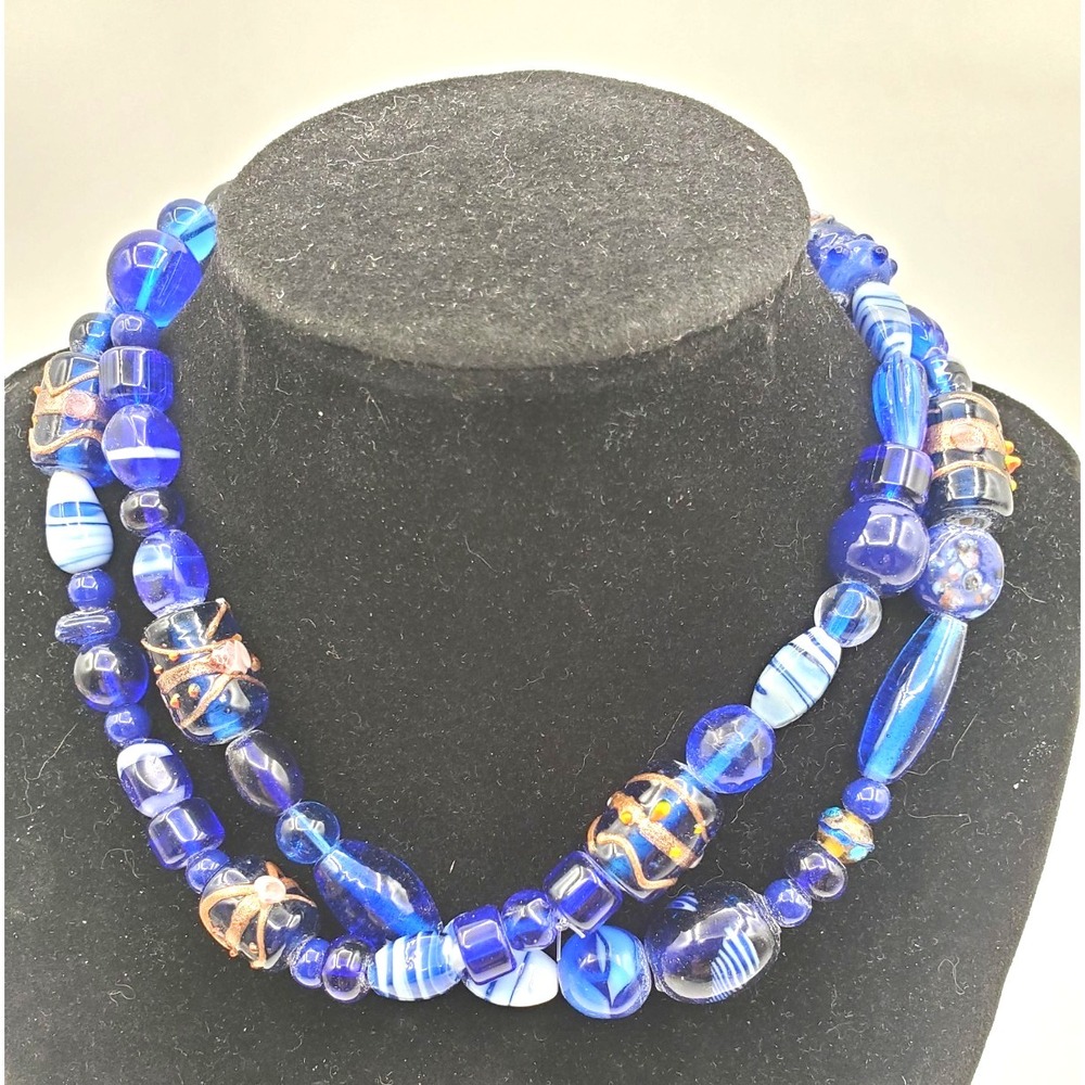 Vintage Murano Style Lampwork Glass Necklace Cobalt Blue Wedding Cake